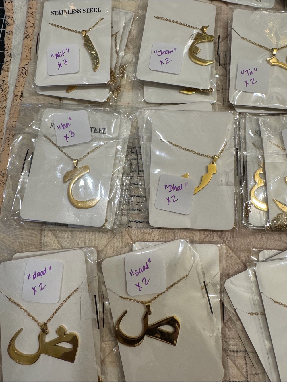 Bulk Lot – 60+ Arabic Letter Necklaces – Gold Plated Stainless Steel